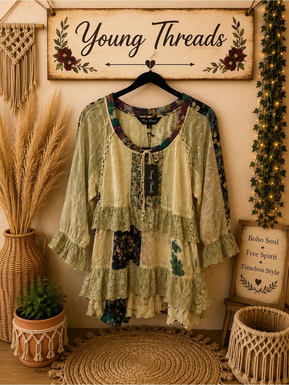 Young Threads Sage Green Boho Patchwork Lace Tunic
